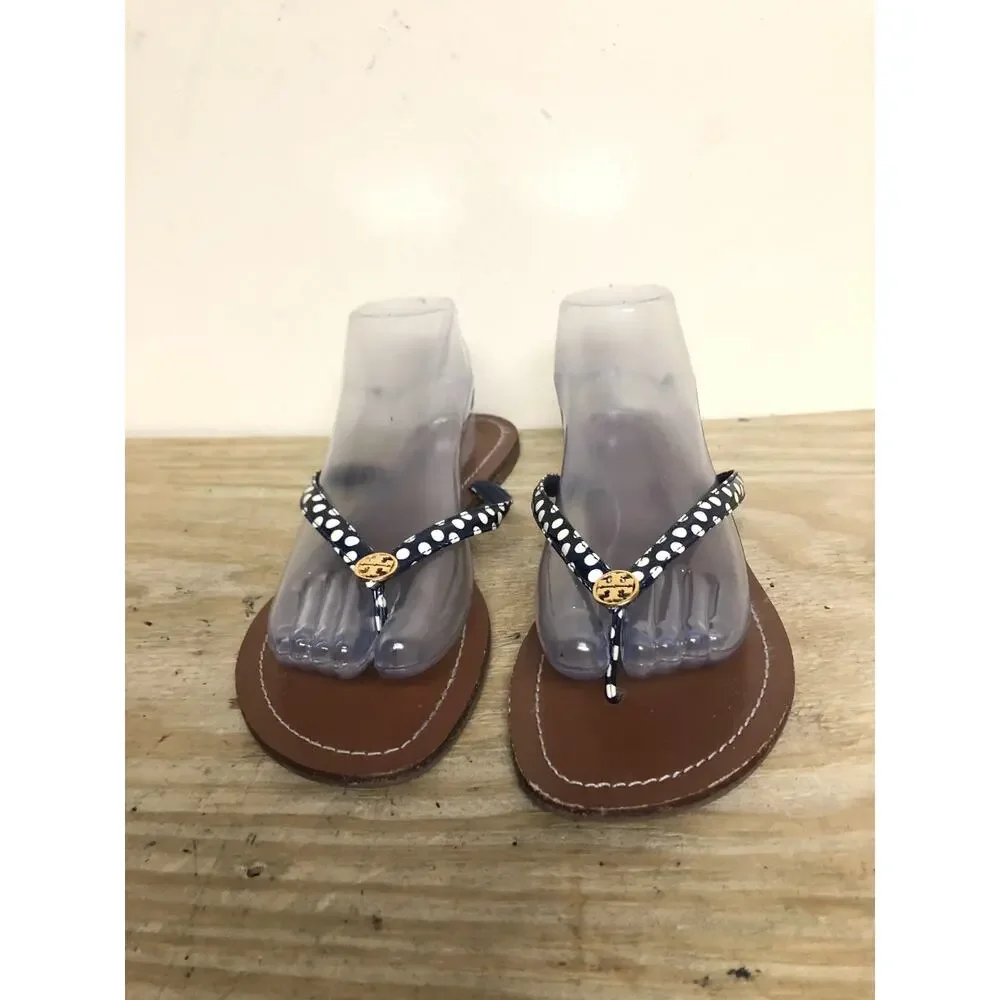 Tory Burch Sandals 10M Navy White Terra Polka Dot Gold Logo Thong Shoes Flats